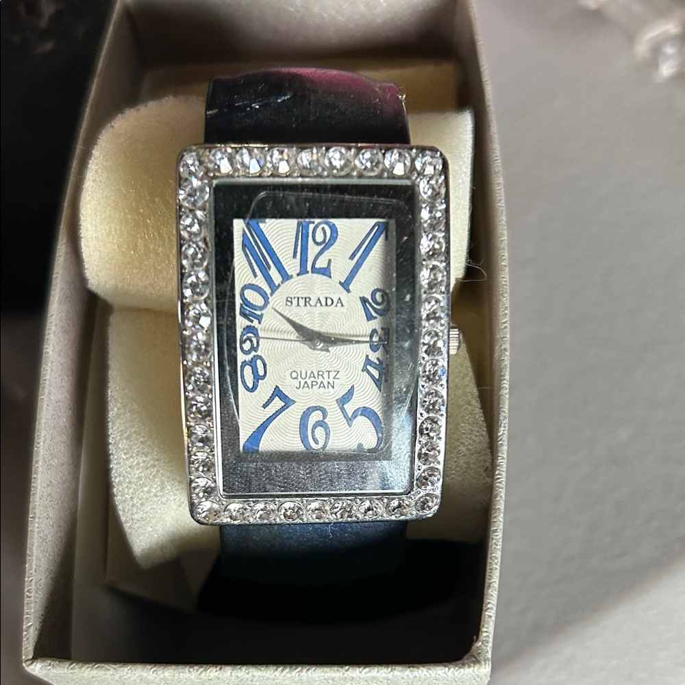 Strada Crystal-Embellished Watch with Blue Numerals dark blue band